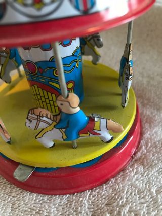 Vintage Red China Shanghai Merry - Go - Round Slide Lever Tin Toy 5