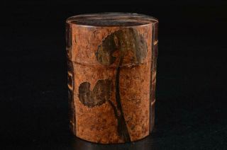 S915:japanese Wooden Cherry Bark Art Lotus Sculpture Tea Caddy Chaire Container