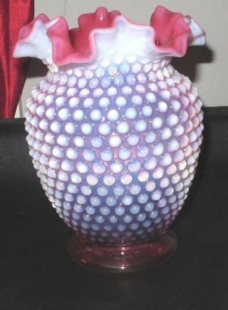 Large Vintage Fenton Hobnail Cranberry Crimped Opalescent Glass 8 " Tall Vase
