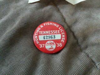 Rare 1937 Tenn Hunting Fishing License Button W/paper work 3