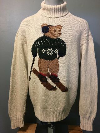Vtg Ralph Lauren Polo Bear Skiing Turtleneck Sweater Mens L White Cotton Linen