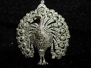 Very Large Vintage Solid Silver & Marcasite Peacock Brooch Lapel Pin Art Deco