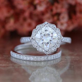 Certified Forever 2.  40ct Vintage Floral Bridal Set Wedding Ring In14k White Gold
