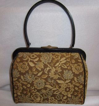 50s Vtg Theodor California Med Gold Tan Floral Tapestry Doctor Bag Purse Footed