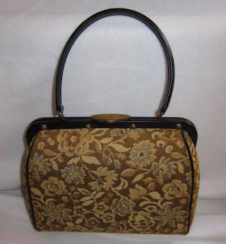 50s Vtg Theodor California Med Gold Tan Floral Tapestry Doctor Bag Purse Footed 2
