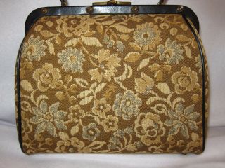 50s Vtg Theodor California Med Gold Tan Floral Tapestry Doctor Bag Purse Footed 3