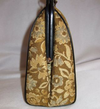 50s Vtg Theodor California Med Gold Tan Floral Tapestry Doctor Bag Purse Footed 4
