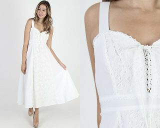 Vintage 70s Gunne Sax Dress White Boho Wedding Floral Crochet Lace Corset Maxi