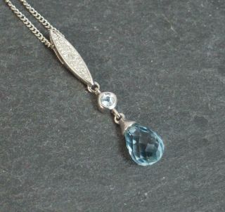9ct White Gold Diamond And Aquamarine Pendant Drop And Chain T F1104