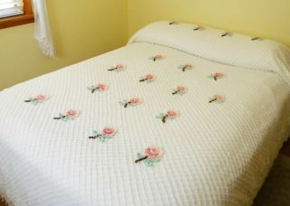 Vintage White Chenille Bedspread Plush Pink Flowers W/ Green,  Brown Twin 81x105