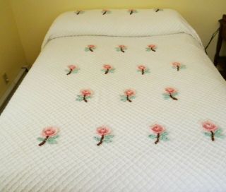 Vintage White Chenille Bedspread Plush Pink Flowers W/ Green,  Brown Twin 81x105 2