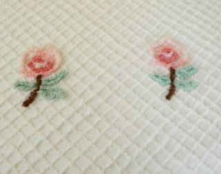 Vintage White Chenille Bedspread Plush Pink Flowers W/ Green,  Brown Twin 81x105 3