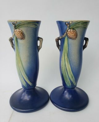 Peter Vintage Roseville Pottery Vases Blue Pine Cone 10 " Tall