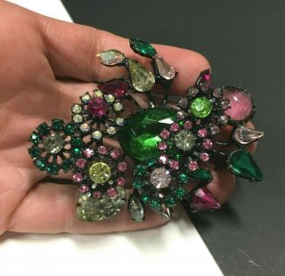 Huge Vtg Unsig.  Schreiner? Pink Green Rhinestone Floral Japanned Brooch Qq138i