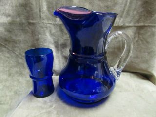 Vintage 1930 ' s Louie Glass Co Cobalt Blue Water Pitcher and 6 Tumblers Matching 2