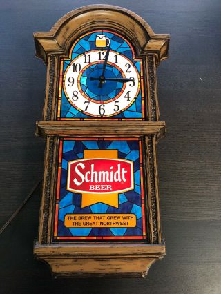 Vintage Schmidt Beer Lighted Wall Clock Faux Wood And Stained Glass