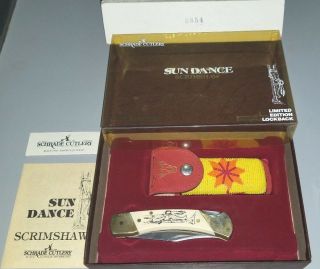 Schrade Usa Vintage Sundance Scrimshaw Folding Knife With Beaded Sheath