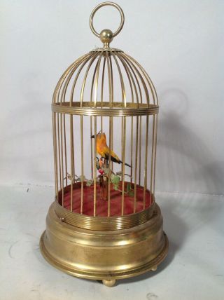 Vintage Brass Singing Bird In Cage Automaton Music Box Sgd Dome