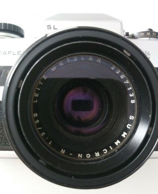 LEICAFLEX LEITZ SL 35MM CAMERA AND SUMMICRON - R WETZLAR 1.  2 50MM LENS OLD VINTAGE 3