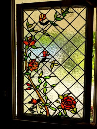 Gorgeous Tiffany Style Stained Glass Window Panel Lattice & Roses 30 " By 19 "
