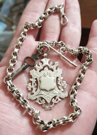 Antique Sterling Silver Watch Chain With Fob C1900