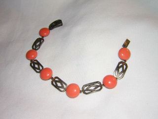 Antique Art Deco Silver Plated & Coral Beaded Bracelet 7 " 14.  6 Grams