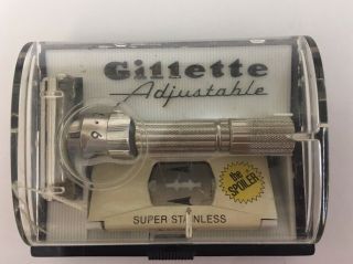Vintage Gillette Safety Razor Adjustable 1 To 9 With Case And The Spoiler Blade