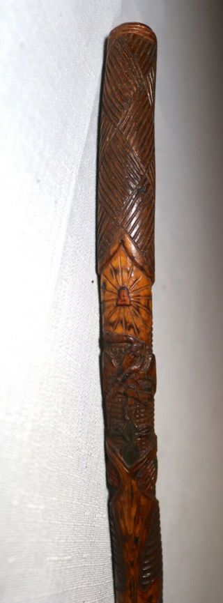 antique elaborate signed figural hand carved wood Folk Art walking stick cane 11