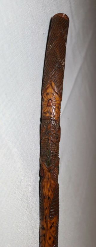 antique elaborate signed figural hand carved wood Folk Art walking stick cane 3