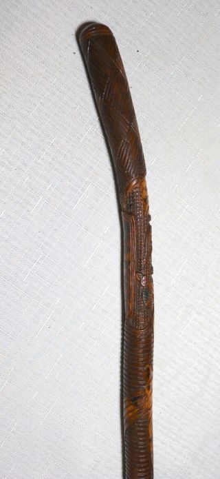 antique elaborate signed figural hand carved wood Folk Art walking stick cane 5