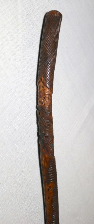 antique elaborate signed figural hand carved wood Folk Art walking stick cane 6