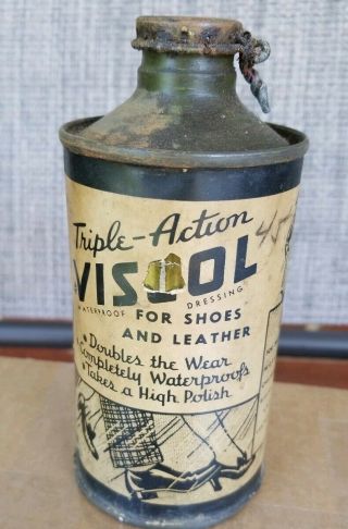 (7/17) Vtg.  Viscol Waterproofing For Shoes 1940s Cone Top Tin Can & Paper Label