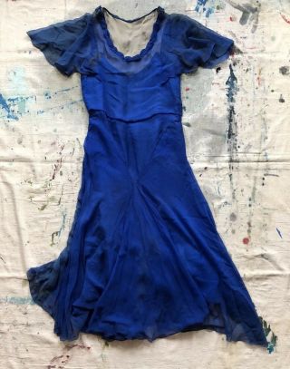Vintage 1920s Deep Cobalt Blue Silk Chiffon Flapper Dress Grecian Waist Tie Vtg