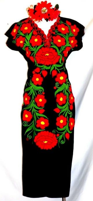 Mexican Black Maxi/dress Huipil Red Floral Embroidery Tunic Oaxaca 5 De Mayo Vtg