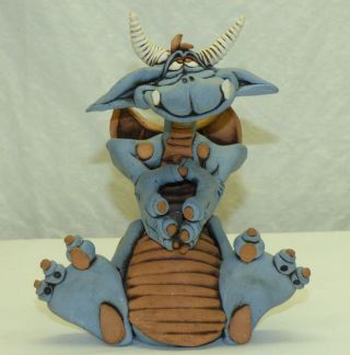 Vtg 1984 Signed Rex Benson Clay Studio Art Pottery 6 1/2 " Blue Dragon