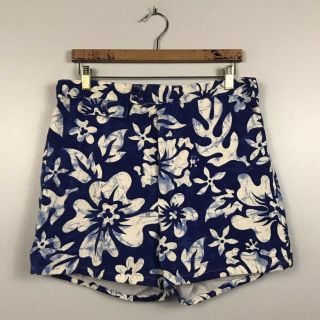 1960s Hawaiian Shorts / Floral Bark Cloth Short Swimming Trunks / Men 