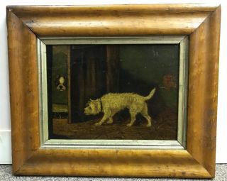Antique Oil On Board Framed Painting Dog Scene
