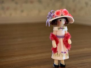 Vintage Artisan Miniature Dollhouse Toy Doll 1 " Tall Pretty Dress Hat Velvet Boa