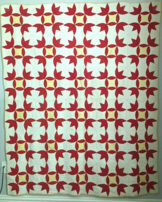 Vintage Hand Stitched Red And Cheddar Turkey Tracks Or Wandering Foot Quilt