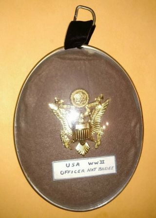World War Ii United States Army Officer Hat Badge In Display Case