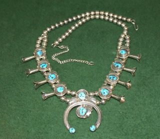 Vintage Native American Sterling Silver And Turquoise Squash Necklace Signed Fij