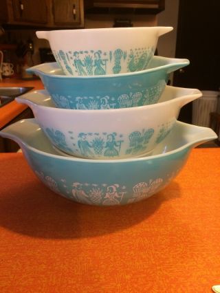 Vtg Pyrex Amish Butterprint Turquoise Set Of 4 Cinderella Nesting Mixing Bowls