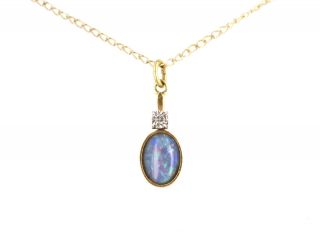 Vintage Solid 14k Yellow Gold Black Opal Diamond Pendant W Gf Chain Necklace 18 "