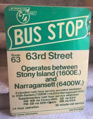 Vintage Chicago Transit Sign Cta Bus Stop 63rd Street South Side Green White