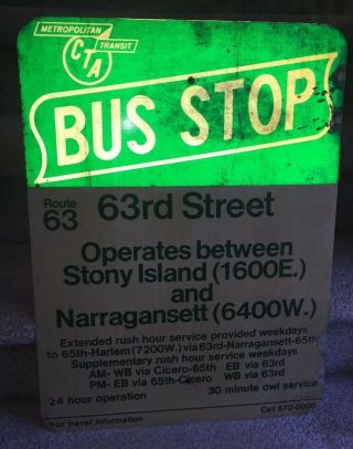Vintage Chicago Transit Sign CTA Bus Stop 63rd Street South Side Green White 2