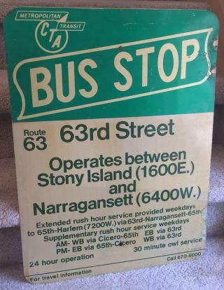 Vintage Chicago Transit Sign CTA Bus Stop 63rd Street South Side Green White 3