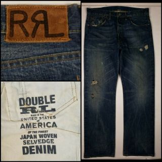 Vtg Rrl Polo Ralph Lauren Mens Selvedge Denim Distressed Jeans Sz 37 X 34 D7