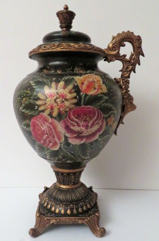 Large Vintage Hand Painted Vase Urn Jug Black Floral Guilt Handle 20 " Tall