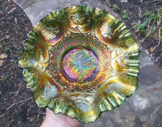 Fenton Dragon Lotus Antique Carnival Art Glass Green 3n1 Bowl Iridescent Vintage