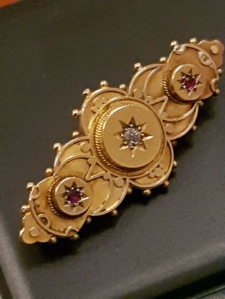 Victorian 15 Carat Gold 625 Diamond And Ruby Bar Brooch 4.  4 Gms 1.  75 Inches Long